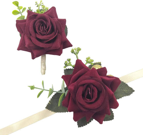 Arlai Wedding Prom Corsage and Boutonniere Set, Rose Wrist Corsage Ribbon Bracelet, Artificial Flower Christmas Wrist Corsage...