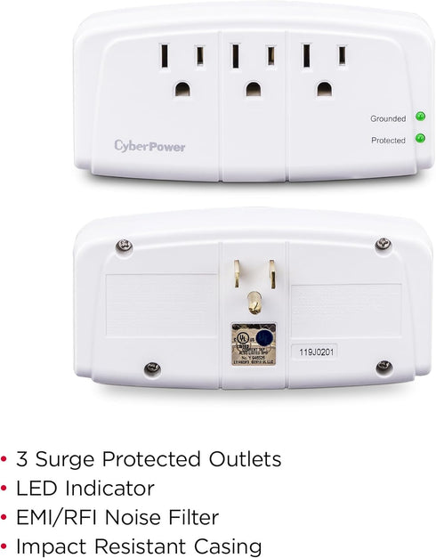CyberPower CSB300W Essential Surge Protector, 900J/125V, 3 Outlets, Wall Tap...