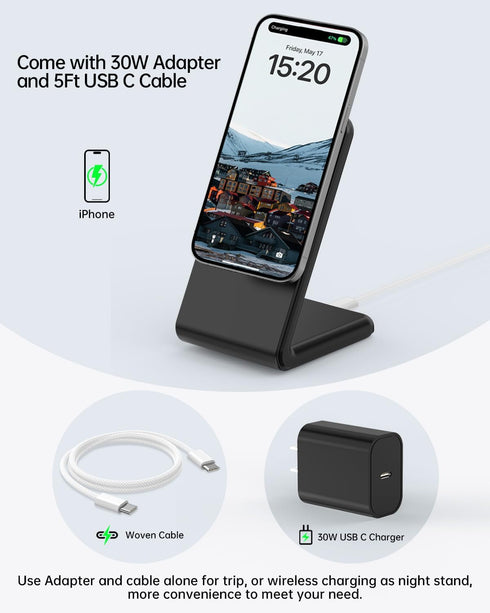 Wireless Charger for Magsafe Charger, Magnetic iPhone Charger w/ 30W Adapter & 5ft Long Braided Cable, Fast Wireless Charging Stand for iPhone 15/...