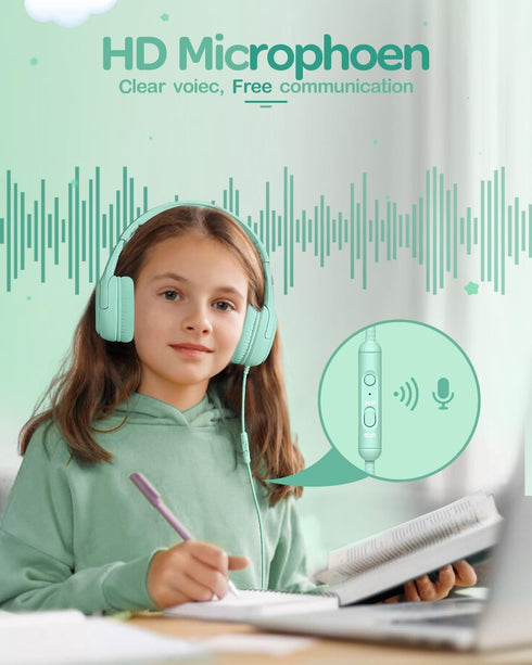 Kids Headphones for School Toddler Wired with Microphone Plug in Bulk Boys Headset Girls 3+ Year Old Green...