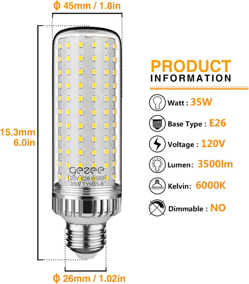 35W LED Light Bulb, E26 Base LED Lamp, 280 Watt Equivalent, 3500 Lumens, Daylight White 6000K, Non-Dimmable (3-Pack...