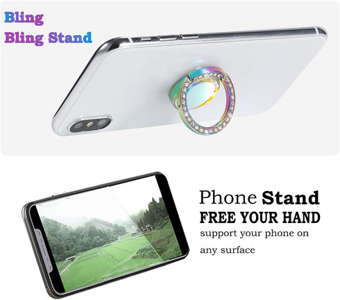 Iridescent Glitter Bling Bling Phone Ring Holder,Sparkle Phone Ring Grip Artificial Stand with Flat Diamond,Flat Rhinestone Cell Finger Ring for P...