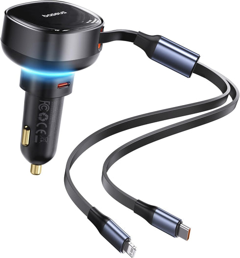 Baseus USB C Car Charger, 60W Retractable Car Charger, 3 in 1 Fast Car Charger, Compatible with iPhone 15/14/13/12 Pro Max, Plus, Samsung Galaxy S...