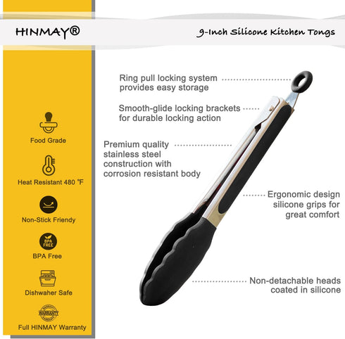9-Inch Serving Tongs Silicone Tongs, Set of 3 (Black White Gray)...