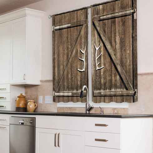 Cinbloo Farmhouse Kitchen Curtains Rod Pocket 27.5W x 39L Inch Brown Barn Door Wooden Rustic Garage Gate Vintage Country Antler Handles Modern Art...