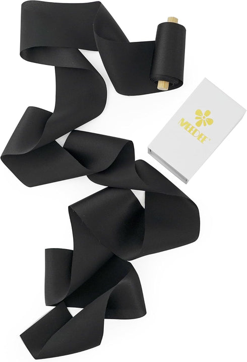 MEEDEE Black Silk Ribbon 2 Inch Silk Ribbon Black Pure Silk Hair Ribbon Black Satin Silk Ribbon 5 Yards On Spool Black Ribbon for Crafts, Wedding ...