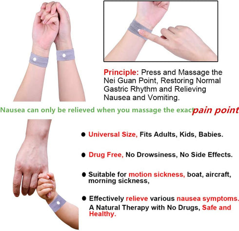Anti Nausea Travel Sickness Wristbands, 2 Pairs Motion Sickness Bands for Kids & Adults Natural Acupressure Nausea Relief Wristbands for Car Sea F...