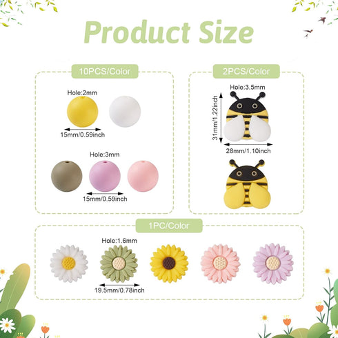 Cheriswelry Silicone Focal Beads Kits with 50pcs 15mm Round Silicone Beads for Pen & 5pcs Daisy Silicone Beads for Keychain Making & 4pcs Bees Sil...