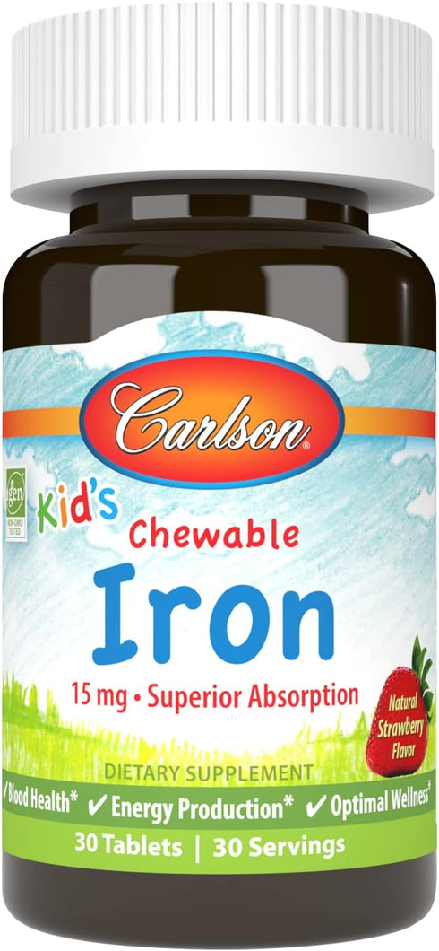 Carlson - Kid's Chewable Iron, 15 mg, Superior Absorption, Blood Health, Energy Production & Optimal Wellness, Natural Strawberry Flavor, 30 Table...