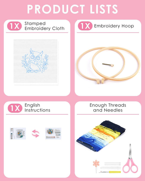 TINDTOP Embroidery Kit for Beginners Adult, Owl Embroidery Kit for Beginners Include Embroidery Cloth Hoops Threads for Craft Lover Hand Stitch wi...
