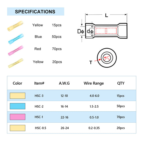 Heat Shrink Wire Connectors with Solder Seal Wire Connector, 250PCS Waterproof Electrical Butt Splice Wire Terminals for Marine Automotive Boat Tr...