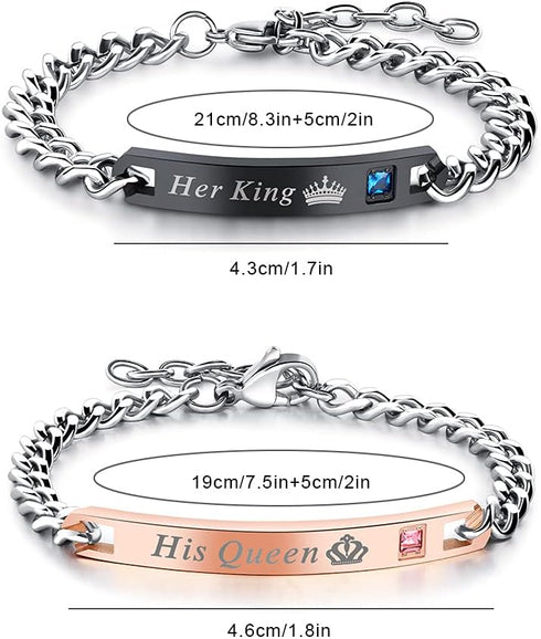 2pcs King and Queen Matching Set His Hers Couples Bracelets Cubic Zirconia Bracelets Link Chain Crown Bracelets Gift Jewelry for Lover Anniversary...
