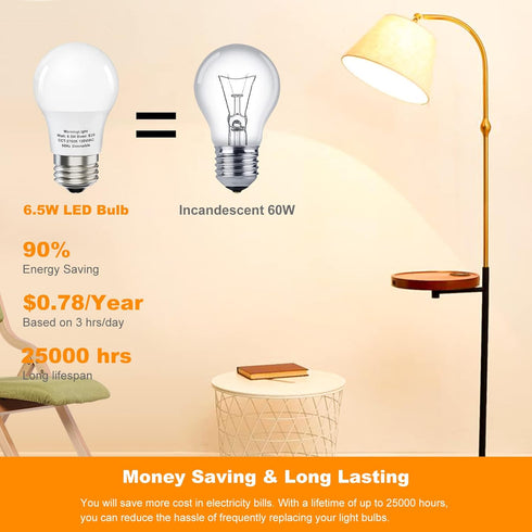 A15 LED Ceiling Fan Light Bulb, E26 LED Bulb 6.5W Equivalent 60 Watt, 2700K Warm White, Dimmable Light Bulbs, 6 Pack A15 LED Light Bulbs for Penda...