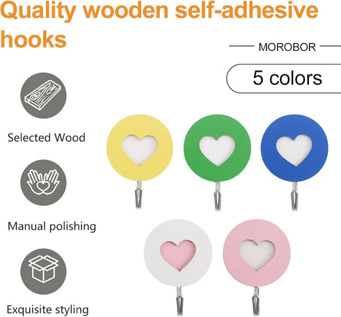 Wooden Double Heart-Shaped Self-Adhesive Hooks, 5pcs Key Holder Coat Hook Strong Adhesive Hooks for Home Office Hotel Wall Decoration...