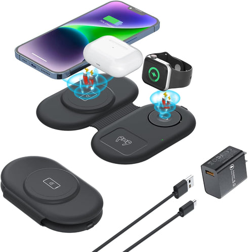 Wireless Charger 3 in 1, RELAXYO Travel Fast Wireless Charging Station for Apple, Compatible with iPhone 15 14 13 12 11 Pro/Max/XR, for iWatch 9/8...