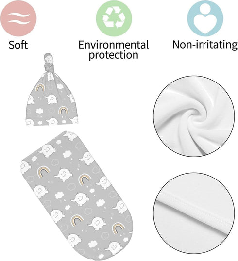 Elephant Grey Rainbow Baby Newborn Swaddling Blanket with Beanie Hat Set, Baby Stuff Newborn Receiving Blanket for Baby Boy Girl Swaddles Wrap for...