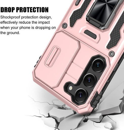 for Samsung Galaxy S23 Case, Shockproof Phone Case with Sliding Camera Cover & Rotatable Ring Holder Kickstand + Tempered Glass Screen Protector f...
