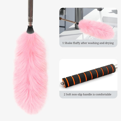 Lambs Wool Extendable Household Cleaning Duster 64" Wall Duster Cleaner with Stainless Steel Long Handle and Extension Pole for Cleaning High Ceil...