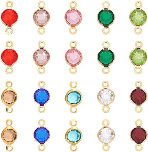UNICRAFTALE 40pcs 10 Colors 1.5mm Hole 304 Stainless Steel Rhinestone Links Connectors Flat Round Birthstone Links Charm Glass Connector Charms Dr...