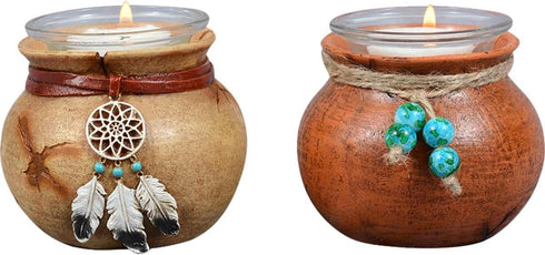 Southwest Pots Candle Holders – Set of 2 Rustic Votive Holders – Twine & Bead Accent – 3.6" x 2.8"...