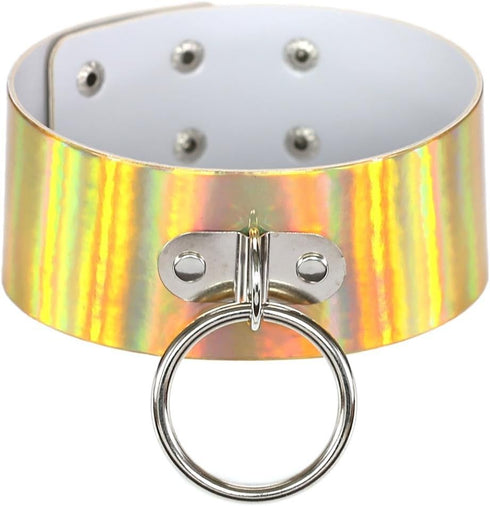 Multicolor Holographic Hologram PU Large O Shape Ring Neckband Choker Necklace Set, 4PCs PN1560...