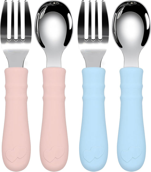 Toddler Utensils, 4PCS Fork and Spoon Kids Silverware with Silicone Handle Stainless Steel Utensils for Babies...