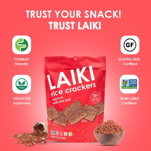 LAIKI Gluten Free Rice Crackers, Red Rice, Resealable 3.53 Ounce Bag...