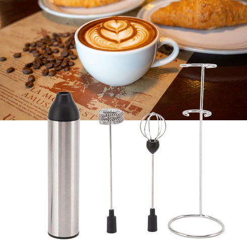 Powerful Handheld Milk Frother,Lightweight Electric Whisk with 2 Mixing Heads,Battery Operated Stianless Steel Drink Mixer with Frother Stand for ...