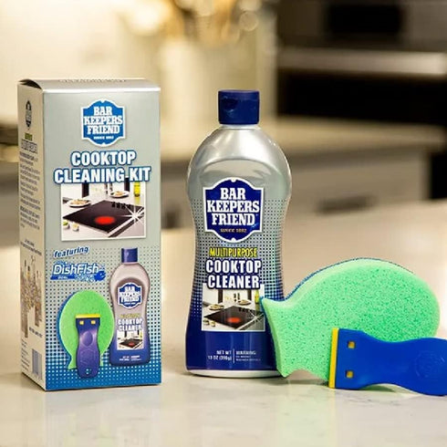 Bar Keepers Friend Cooktop Cleaner + Scraper + Dish Fish - Multipurpose Liquid Stovetop Cleanser, Safe for Use on Glass or Ceramic Cooking Surface...