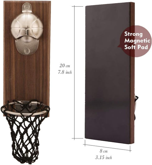 Magnetic Basketball Bottle Opener, Wooden Wall Mounted Opener with Cap Collector Catcher, Ideal Gift for Basketball and Beer Lovers, Use as Kitche...
