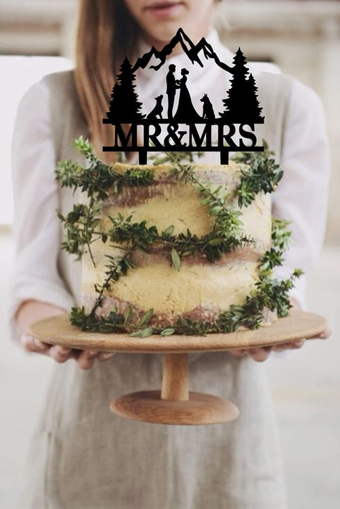 YzYbuaego Mountain Wedding Cake Topper Mr & Mrs Cake Decorations Forest Theme Outdoors Wedding Cake Topper (Mountain and Dog)...