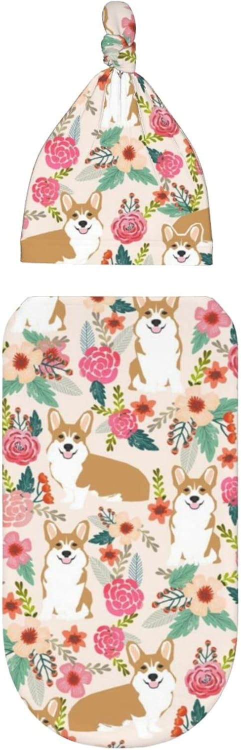 Cute Corgi Dog Baby Stuff Newborn Swaddle Blanket Cartoon Wrap Blanket Soft Stretchy Sleep Sack with Beanie Hat Gifts for Boys Girls Infant...