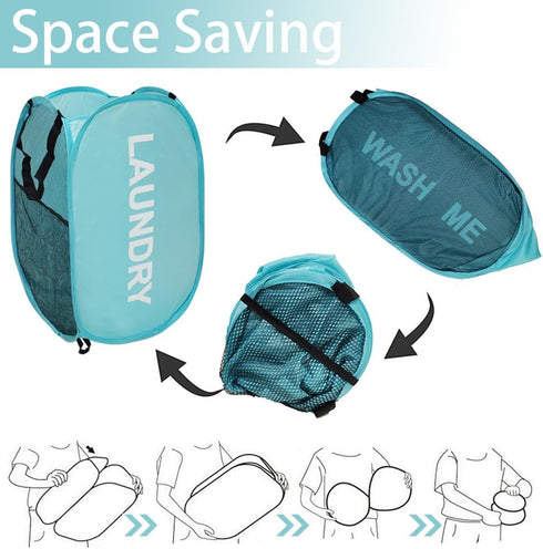 2Pack Mesh Pop Up Laundry Hamper, Foldable Laundry Basket with Side Pocket for Nursery Room, Laundry Room, Travel, Cruise (Black+Blue)...