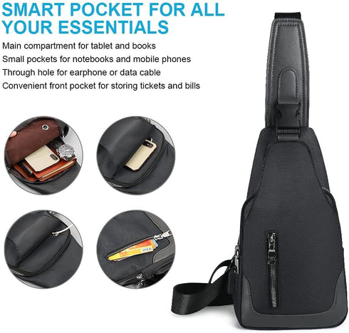 Sling Backpack with USB Charging Port, Chest Bag Crossbody Daypack Shoulder Bag for Men, Hiking, Cycling, Travel...