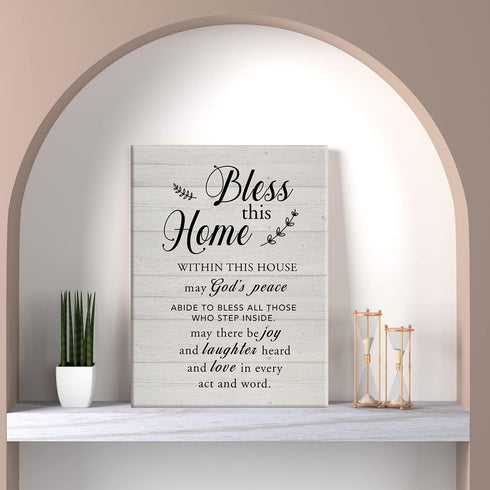 New Home Religious Wall Art Bless This Home Canvas Print with Inspirational Quote Framed Artwork Painting for Rustic Home Wall & Tabletop Decor Ho...