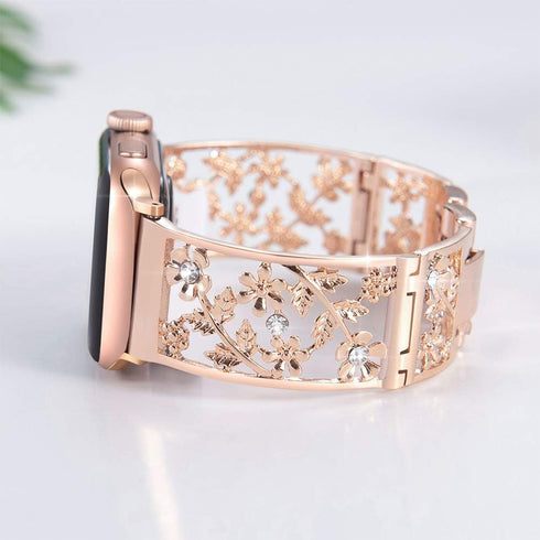 Floral Band Compatible with Apple Watch Jewelry Band 38mm 40mm 41mm 42mm iWatch Bands Series 10 9 8 7 SE,Bling Crystal Bracelet Hollow Metal Strap...