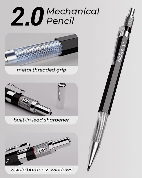 Nicpro 2mm Metal Mechanical Pencil Set with Case, 3PCS Lead Pencil Holder 2.0 mm with 144PCS Lead Refills (4H 2H HB 2B 4B 6B Color), Eraser, Sharp...
