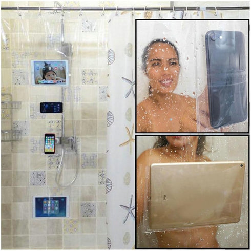 Fangkun iPad Mount Clear Shower Curtain Liner - 4 Touch-sensative Pockets - Bath/Shower Organizer - Bathroom Storage Bag 32 x 72 inches...