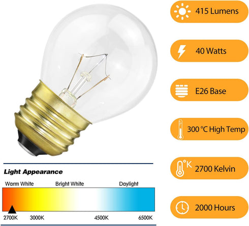 Oven Light Bulb 40 Watt, G45 Clear - High Temp 120V 415 Lumens E26 Standard Base, Appliance Light Bulb for Stove Refrigerator Microwave 4-Pack...