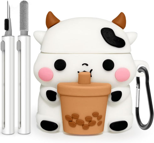 Cute Boba Tea Cow Airpods Case with Cleaner kit,3D Cartoon Funny Kawaii Fashion with Keychain for Girls Boys Kids for Airpod Case 2nd&1st Generati...