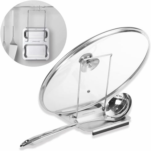 KITCHENDAO Foldable Spoon Rest and Pot Lid Holder for Counter, Non-scratch Silicone Base, Stainless Steel Pan Pot Cover Lid Rack Shelf Stand Holde...