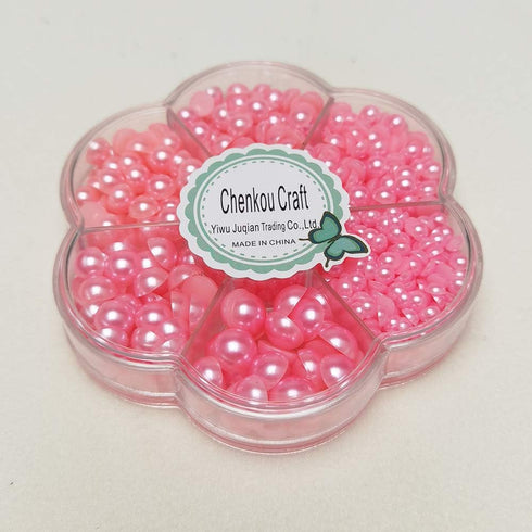 Chenkou Craft Random 1900pcs Fuschia Assorted 7 Sizes(3/4/5/6/7/8/10mm) Half Pearl Bead Flat Back Gem Scrapbook Craft DIY Loose Beads + Plastic Bo...