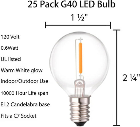 G40 Led Replacement Light Bulbs, 0.6W Shatterproof Globe Bulb, E12 Candelabra Base, 1.5 Inch Dimmable G40 Led Bulbs for Outdoor String Lights, Pat...