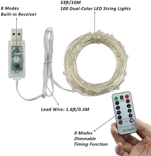 ER CHEN 2 Pack Dimmable USB String Lights, 33ft 100 LED Warm White & Green Color Changing Fairy Lights with Remote&Timer, 8 Modes Silver Coated Co...