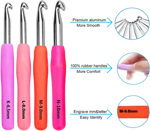 Weabetfu Large Size 6.5mm(K)/7.0mm/8.0mm(L)/9.0mm(M)/10.0mm(N/P) Crochet Hooks,Extra Long Crochet Hook for Arthritic Hands,Ergonomic Grip Soft Han...