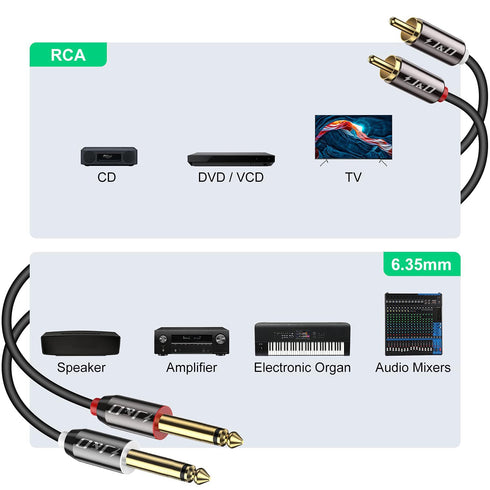 J&D 1/4 to RCA Cable, Gold Plated Copper Shell Heavy Duty 2X6.35mm TS to Dual RCA Stereo Audio Interconnect Cord for AV Receivers, Speakers, Home ...