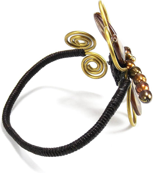AeraVida Chic Organic Brown Cultured Freshwater Pearl-Mother of Pearl Dragonfly Handmade Brass Cuff...