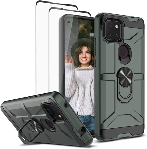 for T-Mobile Revvl 5G Case with 2 Tempered Glass Screen Protector, Full Body Hybrid Hard PC Soft TPU Rotating Kickstand Ring Military Grade Shockp...