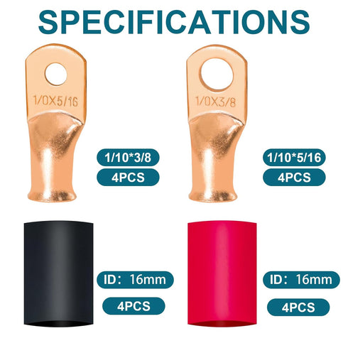 16 PCS Battery Terminal Connectors Kits, Battery Cable Ends Lugs, 1/0 Gauge Wire Connectors, 1/0 AWG 3/8" 5/16" Stud Ring Terminals, Copper Wire L...