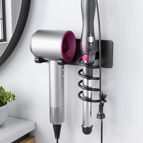 Tindbea Hair Dryer Holder + Curling Iron Holder, Matte Black Blow Dryer Holder Wall Mount, Bathroom Hair Tool Organizer Rack for Universal Dryer...